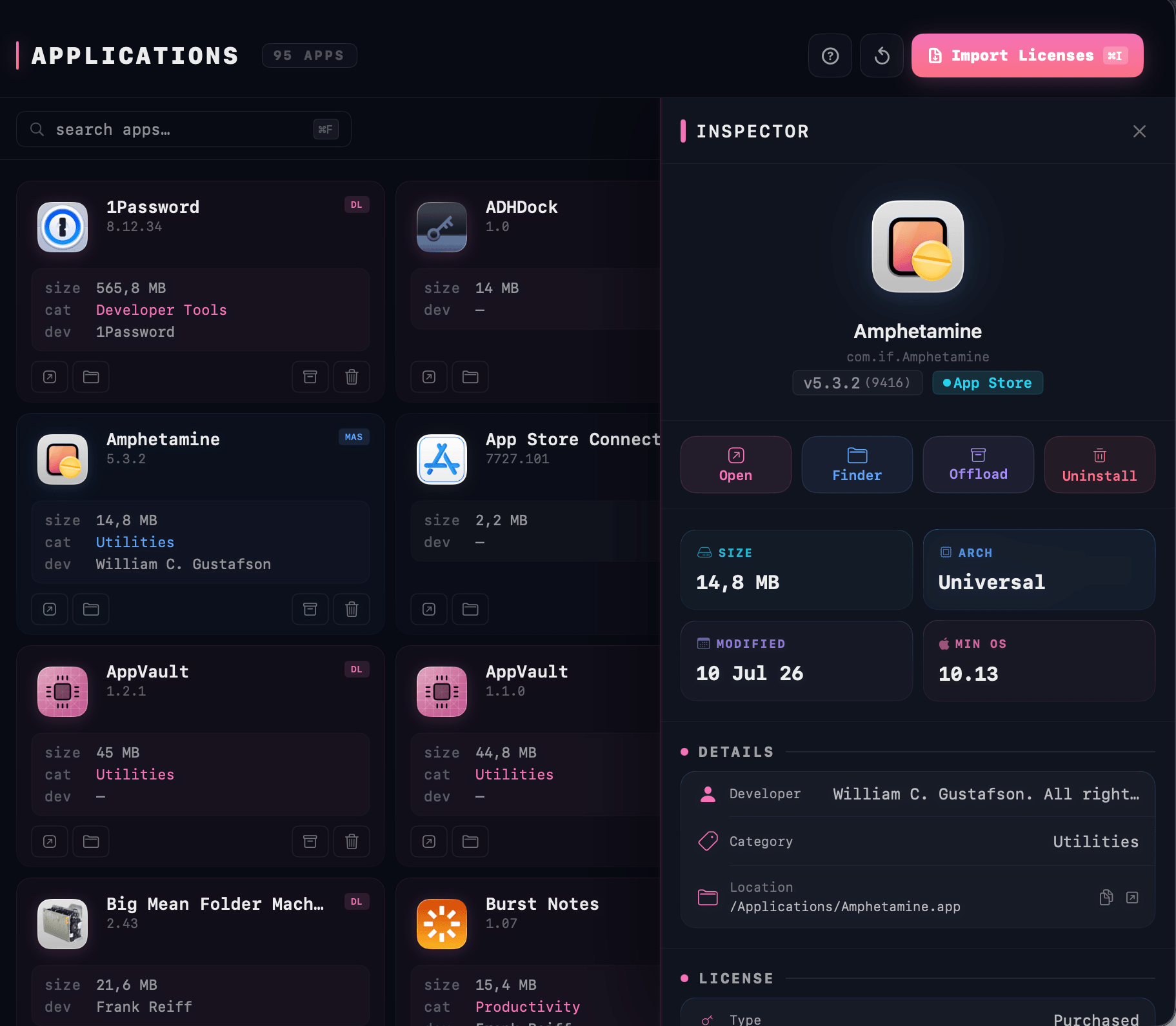 The app inventory listing every application found on the Mac