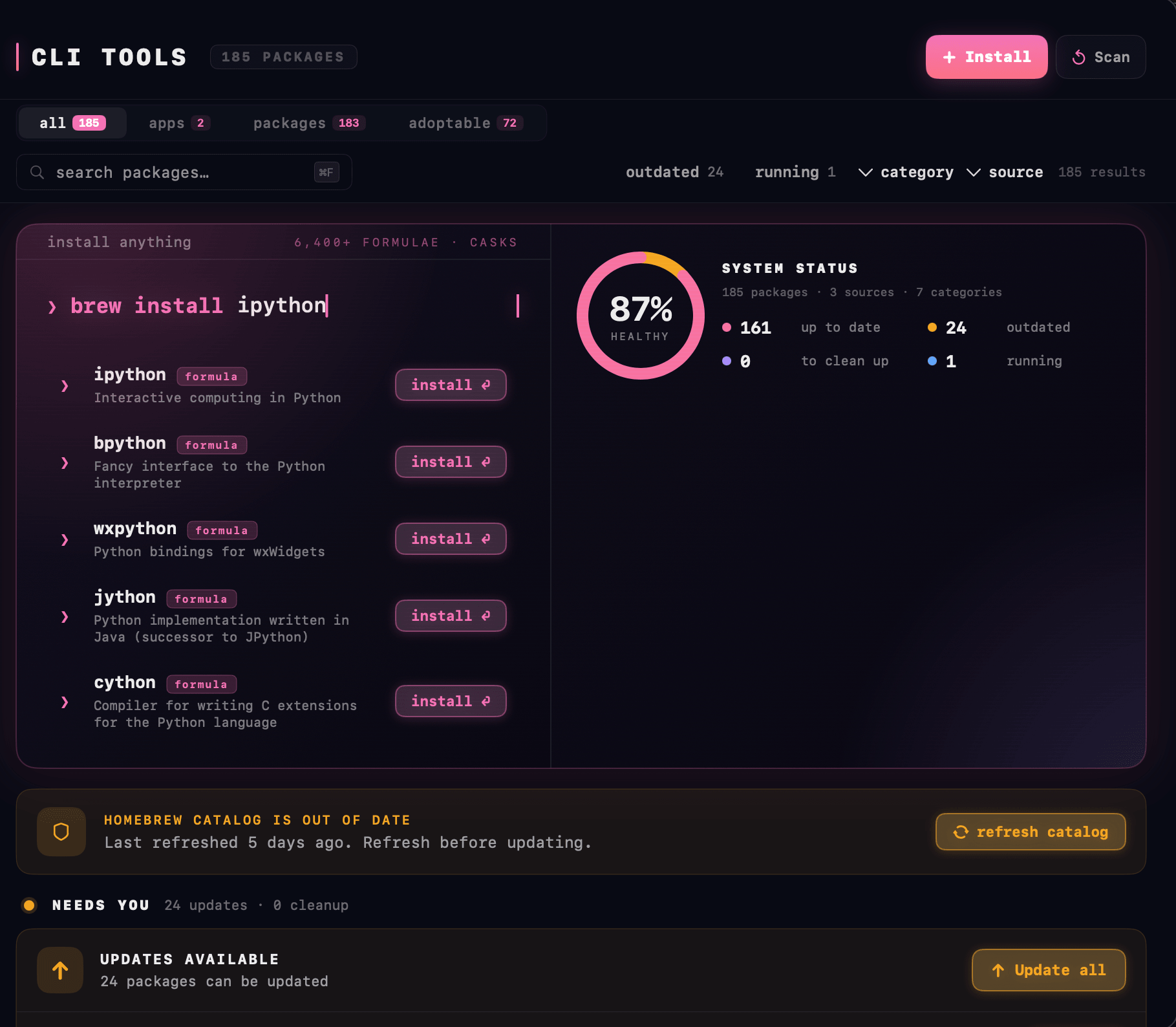 The CLI Tools screen with Homebrew formulas, casks and Mac App Store packages in one list